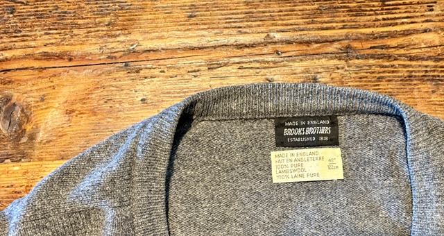 My father's sweater. It is a grey wool v-neck from Brooks Brothers.
